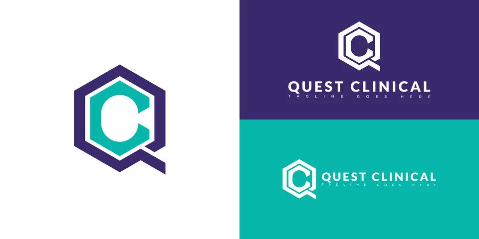 Modern initial hexagon vector letter QC or CQ logo in purple-blue color Stock Illustration