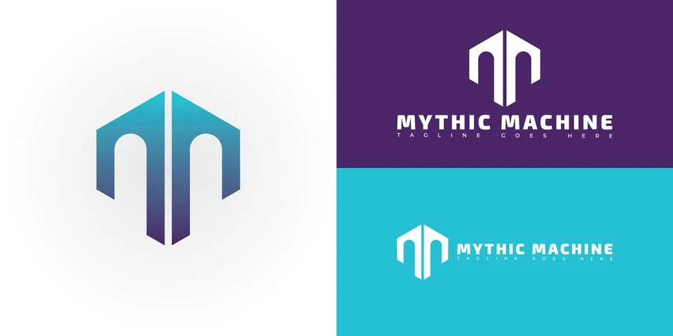 Modern initial hexagon vector letter M or MM logo in blue-purple color イラスト素材