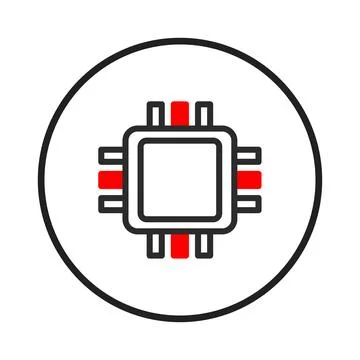 Modern integrated circuit design element with red accents encased in a circ.. 库存插图