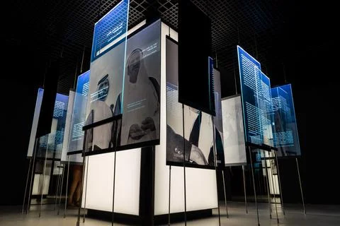 Modern interactive display showing UAE history, Dubai. Fotos de archivo