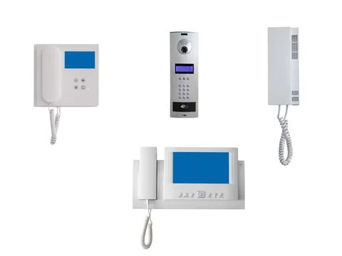 Modern intercom system with digital display isolated on white background. set Foto stock