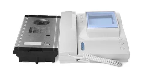 Modern intercom systems on white background. Home security Stock Photos