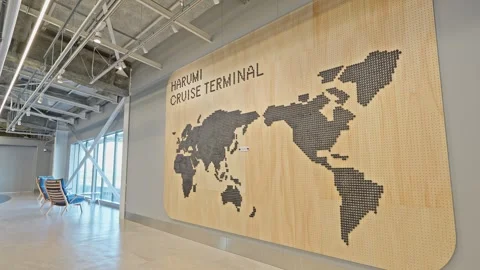 Modern Interior and World Map Art Installation at Harumi Cruise Terminal Stock Footage 324773006