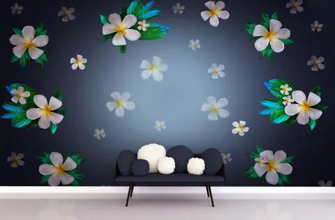 Modern interior background with hand-painted flower wall Illustrazione stock