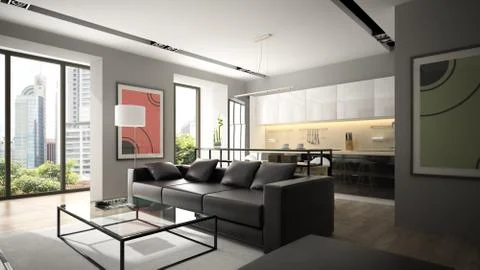 Modern interior with black sofa and parquet floor 3D rendering Stock Illustration