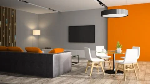 Modern interior with black sofa and orange wall 3D rendering Stock Illustration
