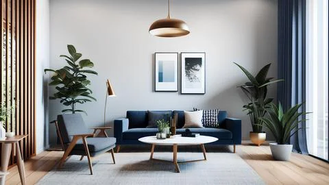 Modern interior with blue sofa, curtains. Armchair and table. Posters on wh.. Stock Illustration