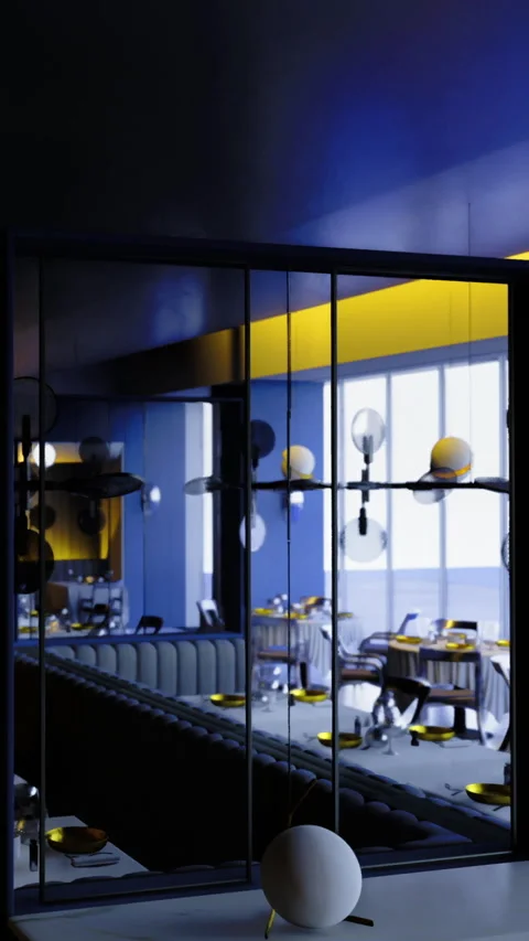 Modern interior with blue tones and simple furniture in a dining area Stock Footage 332214749