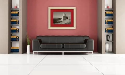 Modern interior with bookshelf Illustrazione stock