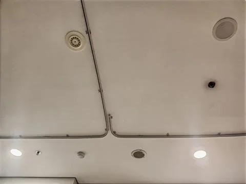 Modern Interior Ceiling with Recessed Lights and Panel Seam 스톡 사진