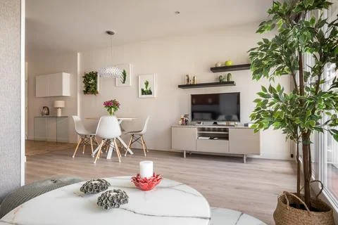 Modern interior in a compact apartment with a spacious combined living room with Stock Photos
