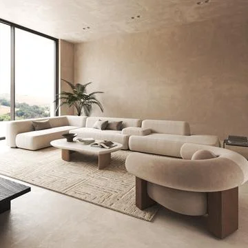 Modern interior composition with modular sofa, large carpet and decor palm tree Illustrazione stock