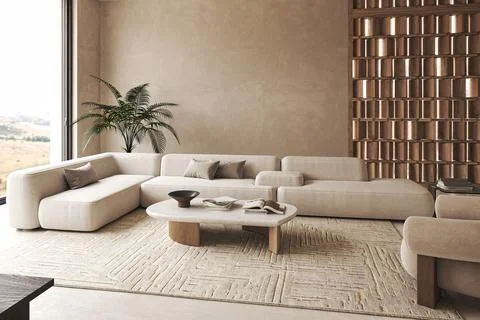 Modern interior composition with modular sofa, large carpet and decor palm tree 스톡 일러스트