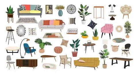Modern interior decor set. Retro furniture. Stock Illustration