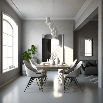Modern interior design of apartment, dining room with table and chairs, emp.. Stock Illustration