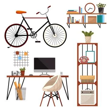 Modern interior design items set concept of creative office room workplace with Ilustración de archivo