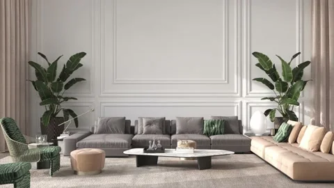 Modern interior design living room with large white classic panels and wall mock Stock Footage 196826537