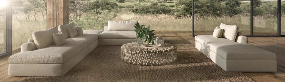 Modern interior design open space living room. House outdoor terrace 3d render Stockillustratie