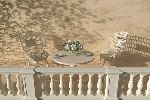 Modern interior design outdoor terrace on classic balcony. Wooden armchair and Stockillustratie