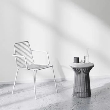 Modern interior design scene with white chair and table in bright room with w Stock Illustration