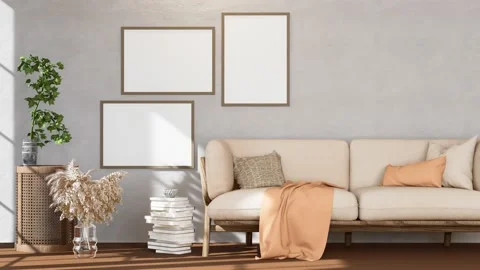 Modern interior design of Set of 3 photo frames, neutral tones furniture. Stock Footage 205119982