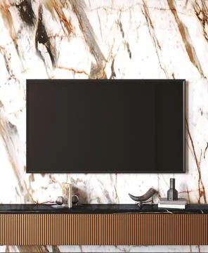 Modern interior design showcasing a sleek entertainment unit, emphasizing marble Illustrazione stock