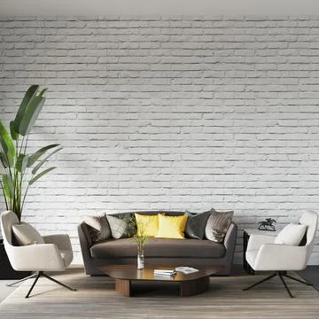 Modern interior design with sofa in front of the white brick wall, 3d render Stock Illustration