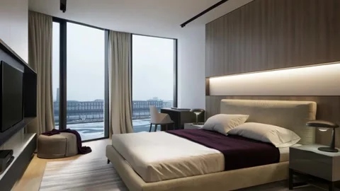 Modern interior design of spacious apartment with bedroom bed Stock Footage 300960151