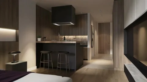 Modern interior design of spacious apartment with large bed Stock Footage 304982628