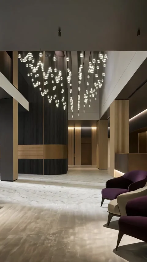 Modern interior design of a spacious lobby with glass chandeliers Stock Footage 304982251