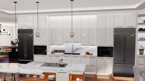 Modern interior design of the white kitchen and marble countertops Vídeos de archivo 220676329