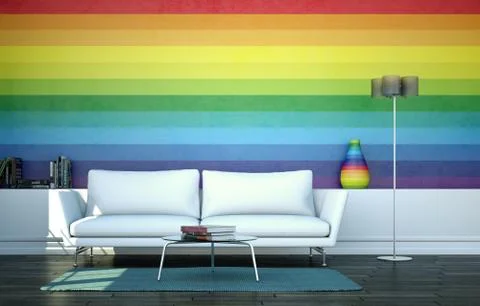 Modern interior design with wihte sofa and ranibow colored wall Stock Illustration