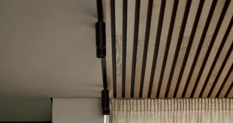 Modern Interior Design: Wooden Ceiling and Black Lights Video stock 323764605