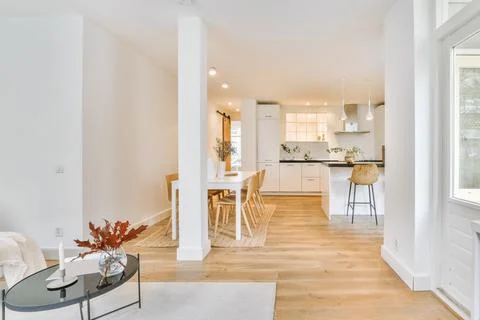 Modern interior with dining zone and counter Stock Photos