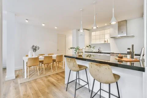 Modern interior with dining zone and counter Stock Photos