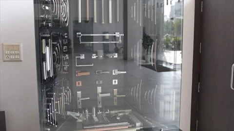 Modern Interior Door Handles and Hardware Accessories Display in Showroom Glass Stockbeeldmateriaal 334492370