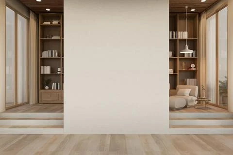Modern interior with empty wall center in front of a room with built in she.. Stock Illustration