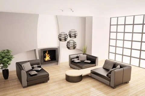 Modern interior with fireplace 3d Stock Illustration