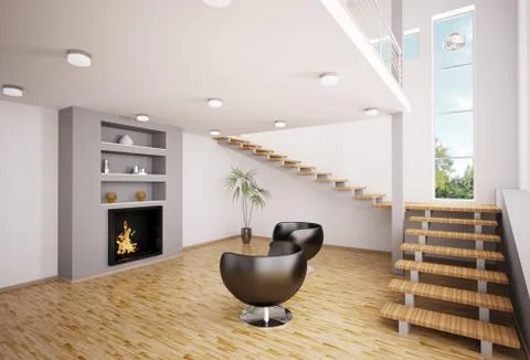 Modern interior with fireplace 3d render Stock Illustration