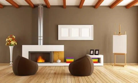 Modern interior with fireplace Stock Illustration