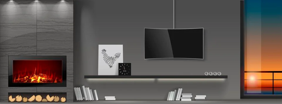 Modern interior with fireplace Stock Illustration