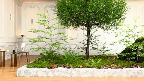 Modern interior with forest 3d render Stock Illustration