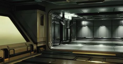 Modern interior of a futuristic space station with sleek design elements 스톡 일러스트