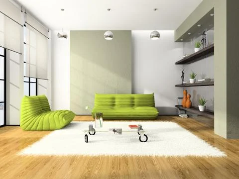 Modern interior with green sofas and white carpet 3d Stock Illustration