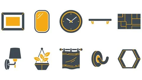 Modern interior home decor icons set including wall clocks mirrors and shelve Stock Illustration