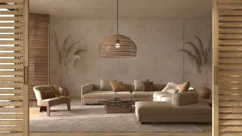 Modern interior japandi style design living room. Scandinavian apartment with Stock Footage 202071488