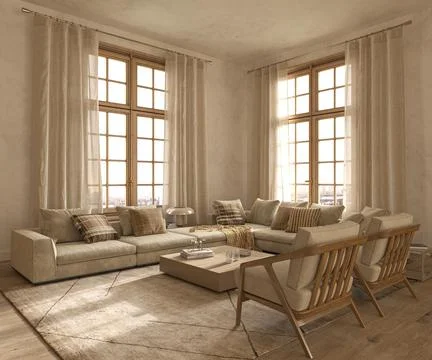 Modern interior japandi style design livingroom. Lighting and sunny apartment Illustrazione stock