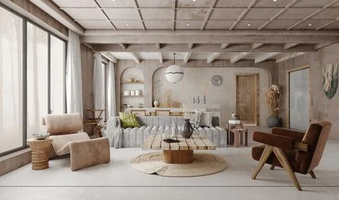 Modern interior japandi style design living room. Lighting and sunny Stock Illustration