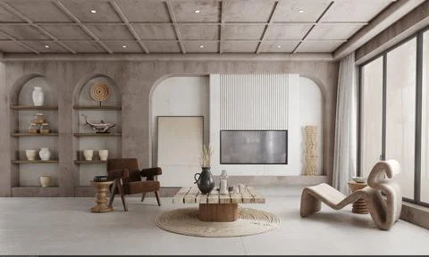 Modern interior japandi style design living room. Lighting and sunny Stock Illustration
