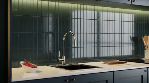 Modern interior of kitchen. 3d visualization rendering shot close up sink Stock Footage 237504378